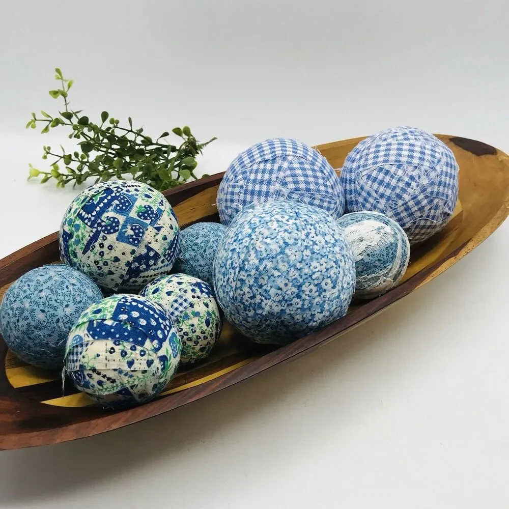 of 9 Blue Styrofoam Fabric Covered Balls Handmade Cottage Balls Only NO DISH